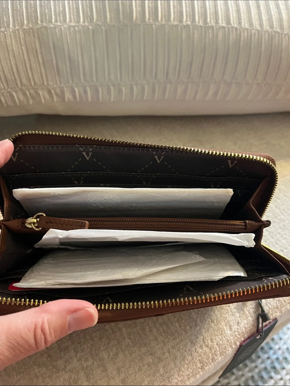 Vince Camuto Brown Leather Zip Wallet with Gold Logo